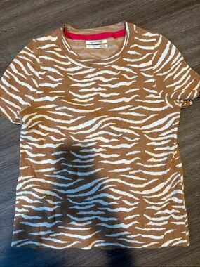 Anthropologie Brown and White Zebra Print Short Sleeve Sweater Tee